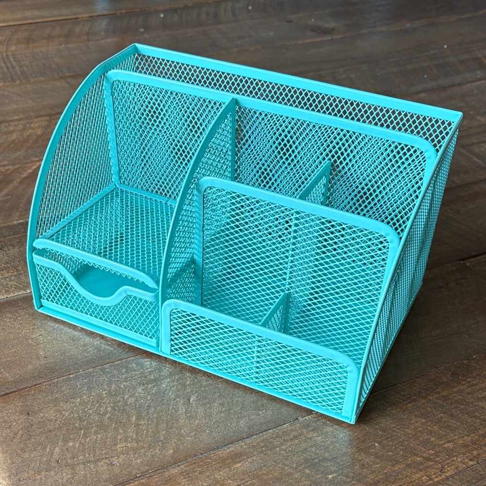 Turquoise Mesh Desk Organizer - Multi-Compartment Home Storage